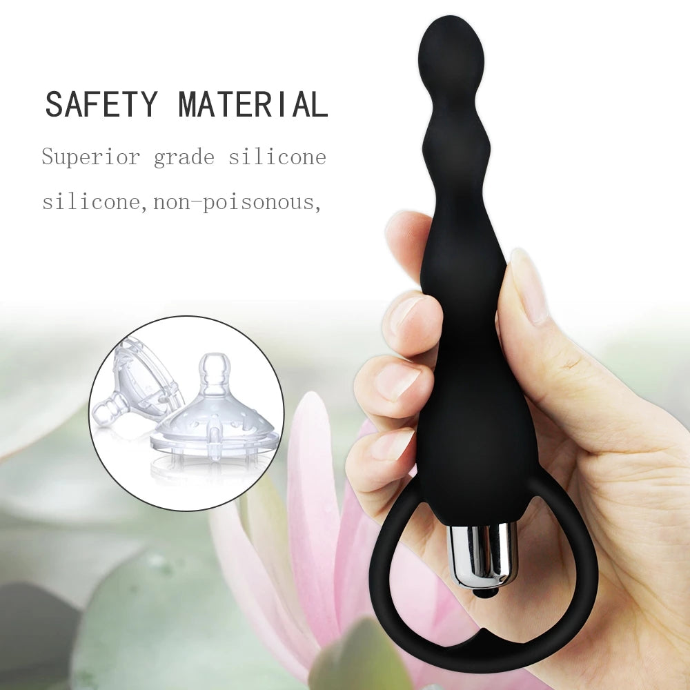 Vibrating Silicone Anal Plug with Beads for Massage